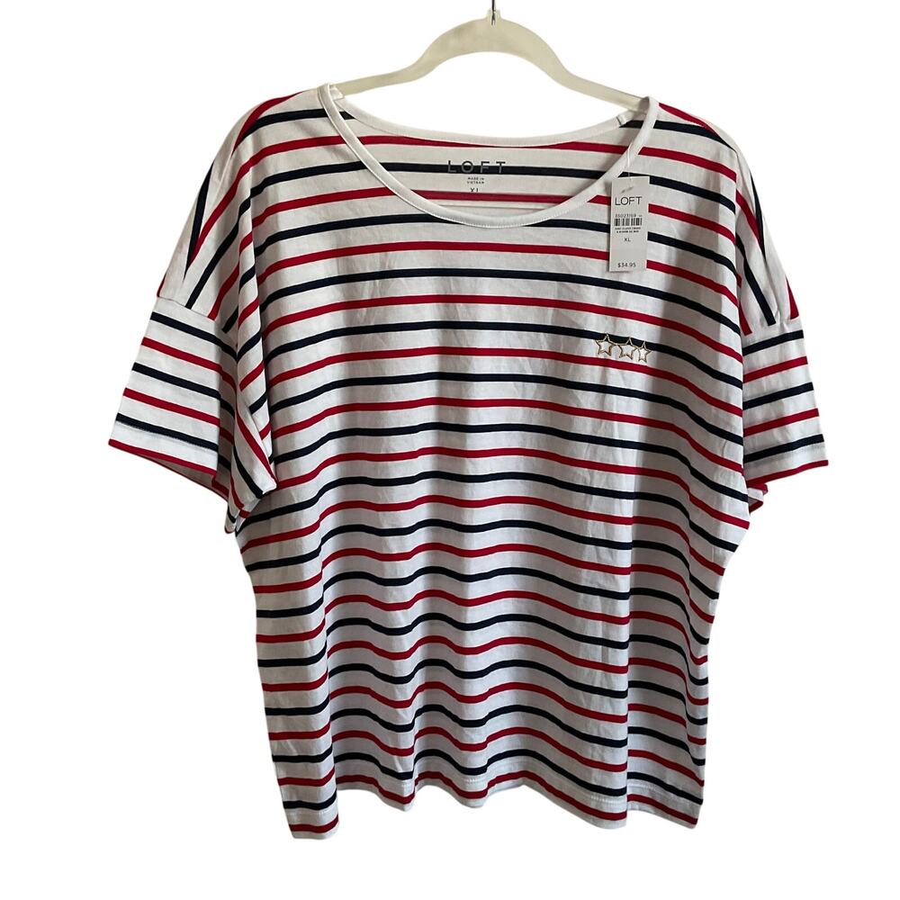 LOFT Red, White and Blue Striped Star Embroidered Boxy Tee -‎ XL - NEW